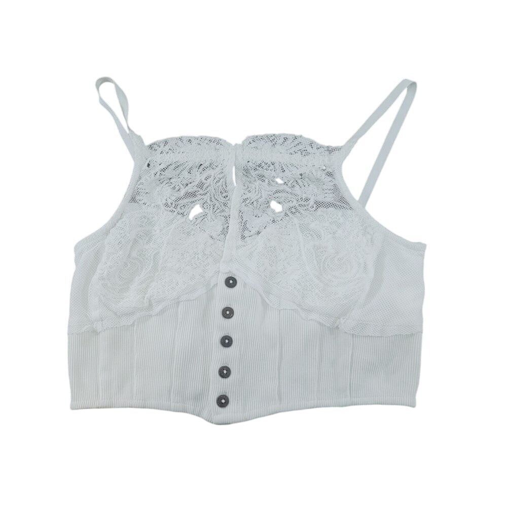 Free People White Lace Button-Front Crop Top Adjustable Spaghetti Straps Size S